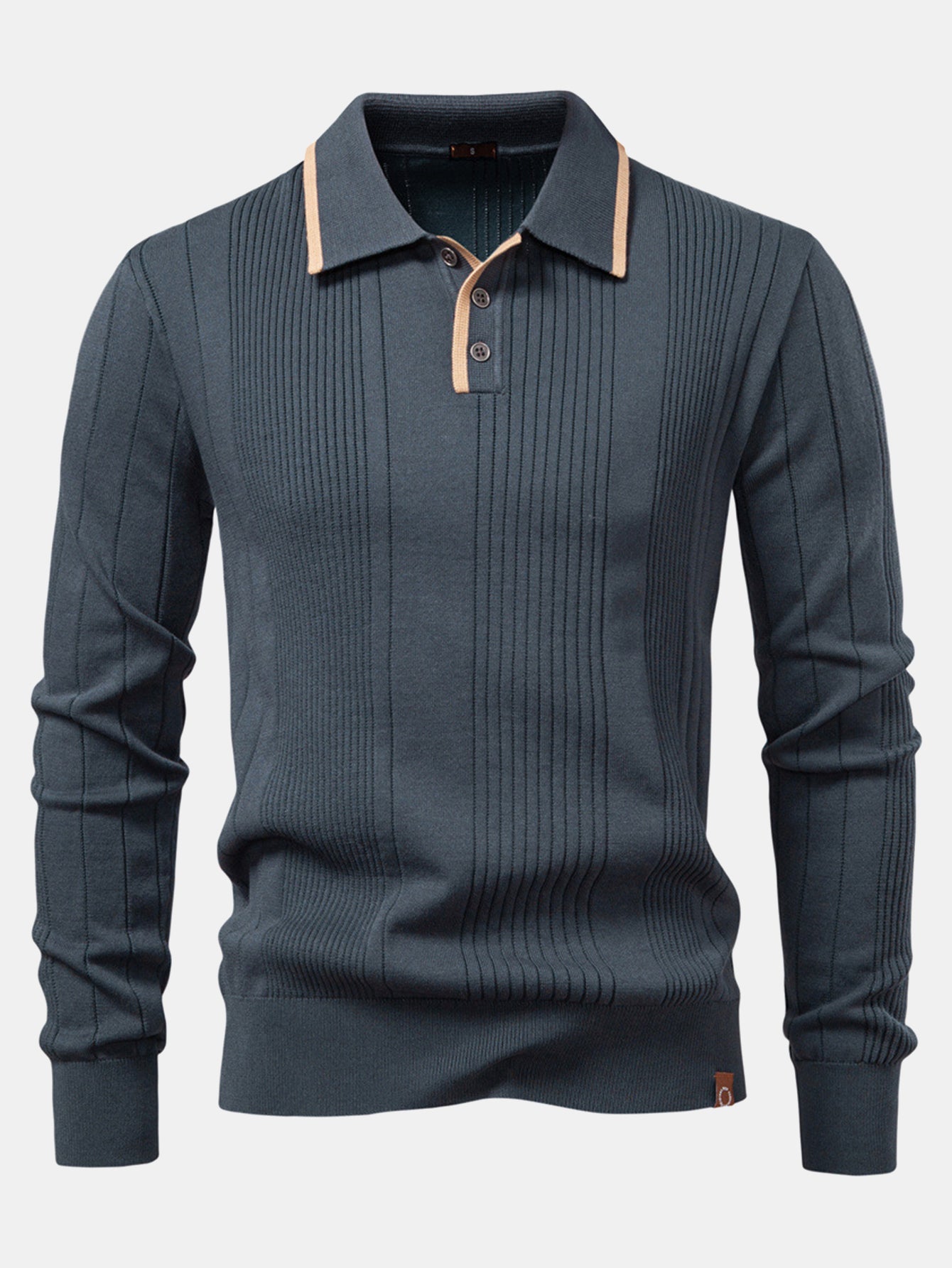 Camisa Polo Jacquard Listrada de Malha com Mangas Longas & Calças Ajustadas de Corte Afunilado