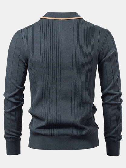 Camisa Polo Jacquard Listrada de Malha com Mangas Longas & Calças Ajustadas de Corte Afunilado