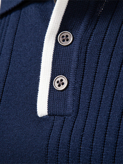 Camisa Polo Jacquard Listrada de Malha com Mangas Longas & Calças Ajustadas de Corte Afunilado