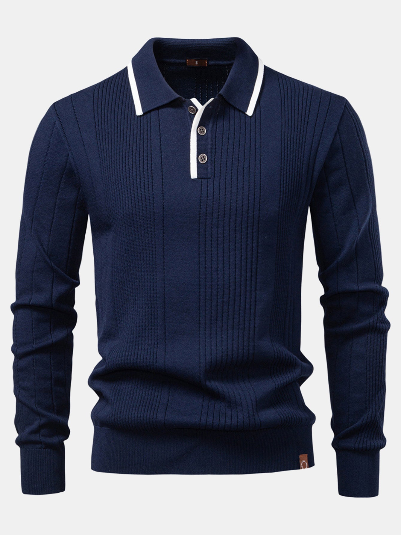 Camisa Polo Jacquard Listrada de Malha com Mangas Longas & Calças Ajustadas de Corte Afunilado