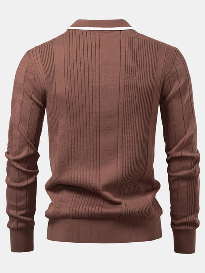 Camisa Polo Jacquard Listrada de Malha com Mangas Longas & Calças Ajustadas de Corte Afunilado