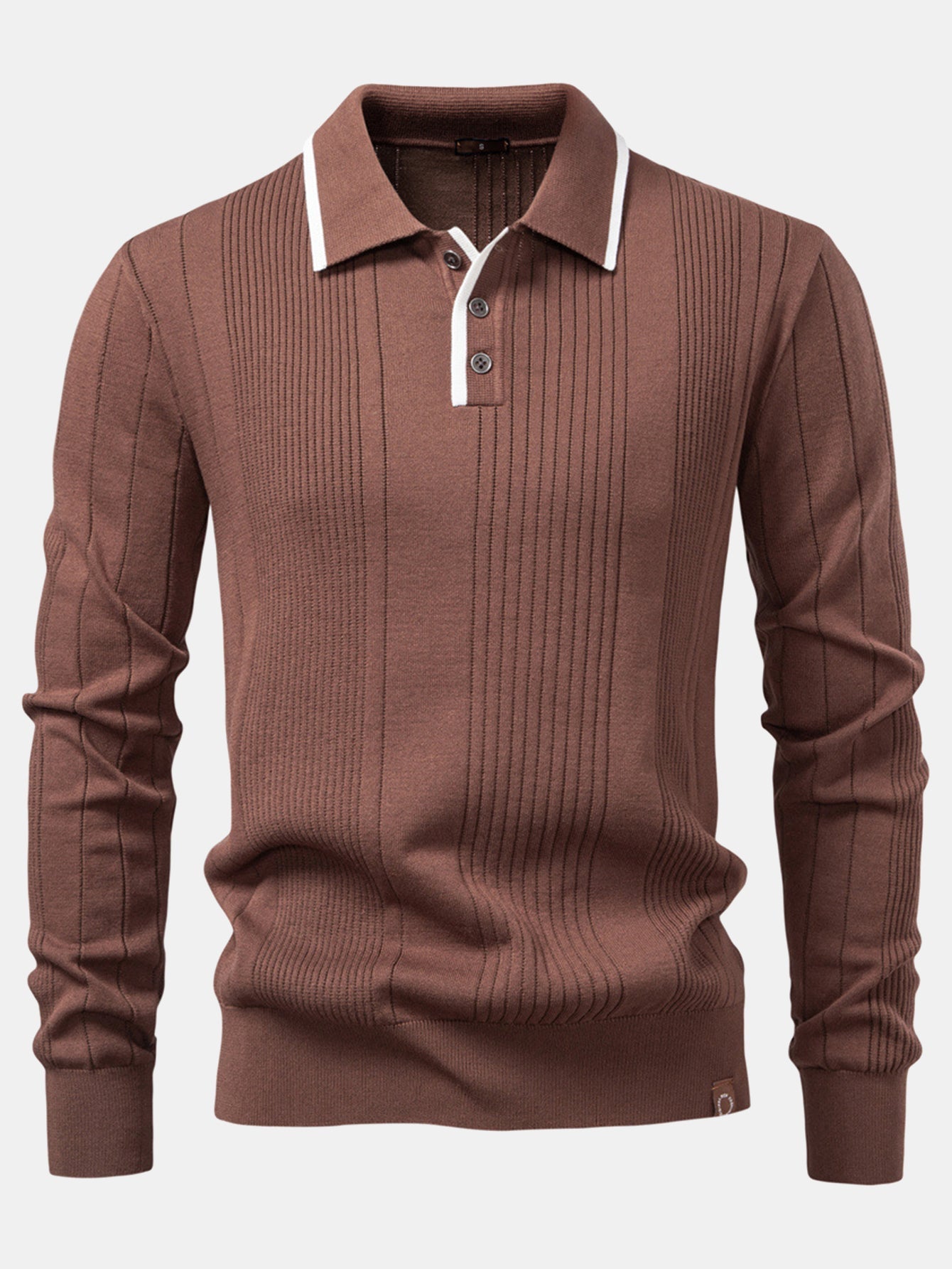 Camisa Polo Jacquard Listrada de Malha com Mangas Longas & Calças Ajustadas de Corte Afunilado