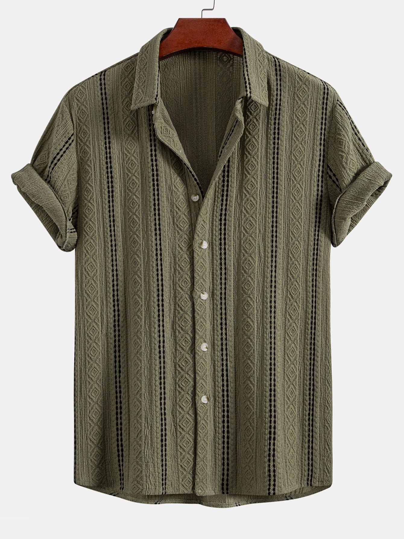 Geometric Striped Jacquard Button Up Shirt & Straight Leg Linen Pants