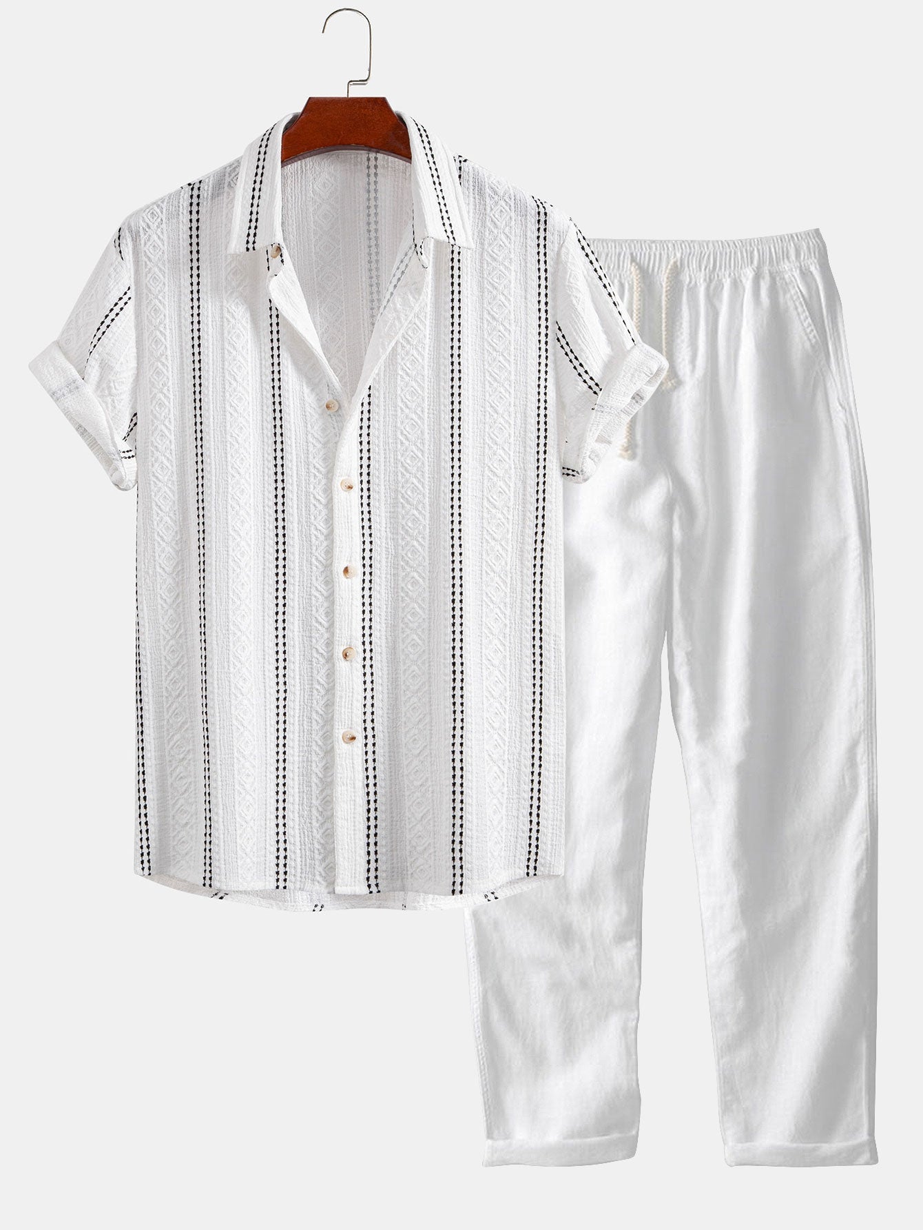 Geometric Striped Jacquard Button Up Shirt & Straight Leg Linen Pants