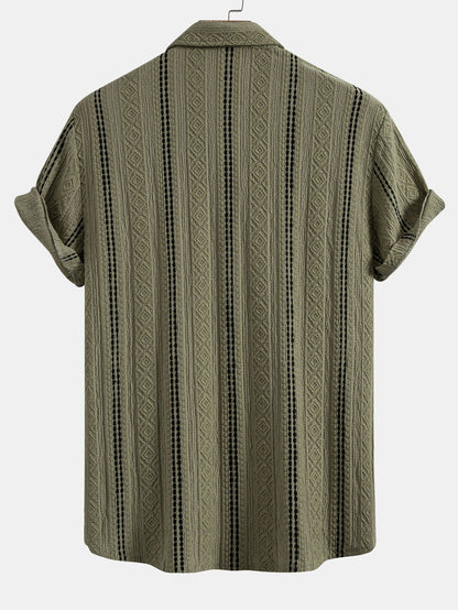 Geometric Striped Jacquard Button Up Shirt & Crinkled Textured Drawstring Shorts