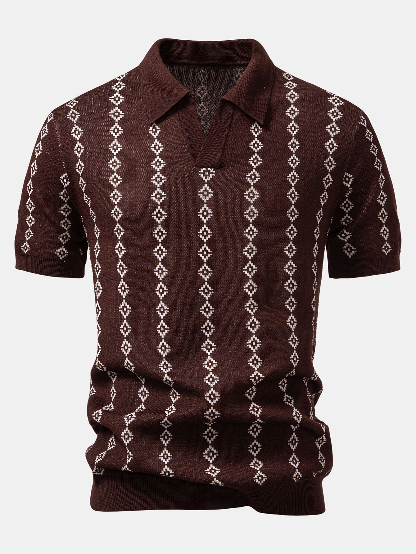 Camisa Polo de Tricô Geométrico com Decote em V e Calças Slim Fit Afuniladas