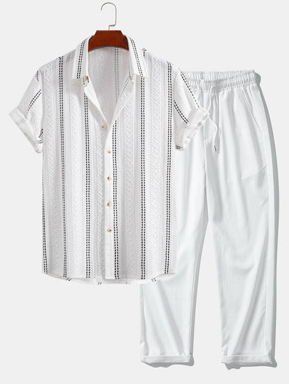 Geometric Striped Jacquard Button Up Shirt & Crinkle Textured Straight Leg Pants