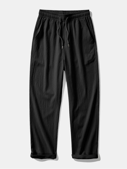 Geometric Jacquard Eyelet Cuban Shirt & Crinkle Textured Straight Leg Pants