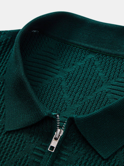 Rhombus Textured Zip Up Knitted Polo Shirt & Slim Fit Tapered Trousers