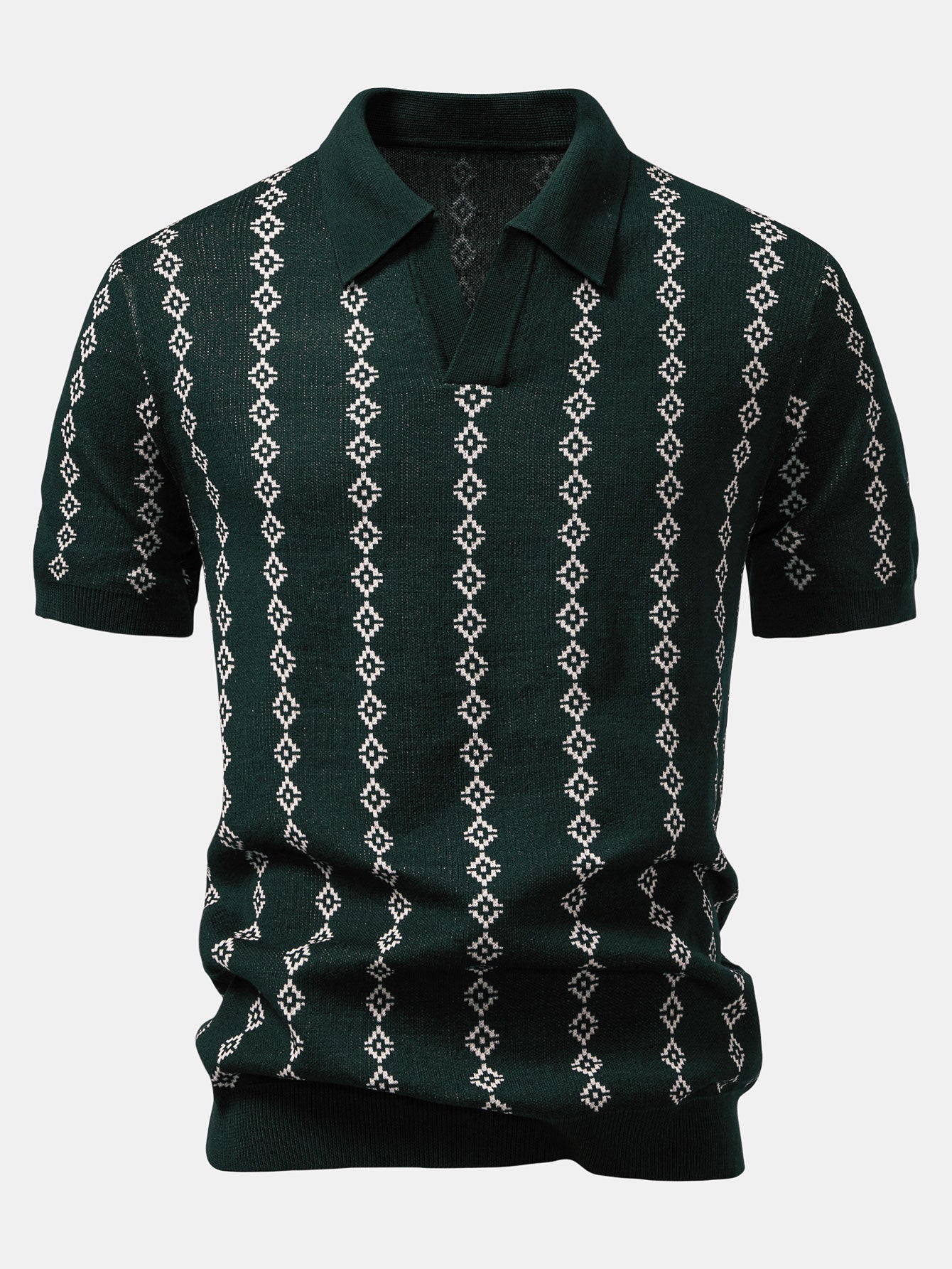Camisa Polo de Tricô Geométrico com Decote em V e Calças Slim Fit Afuniladas