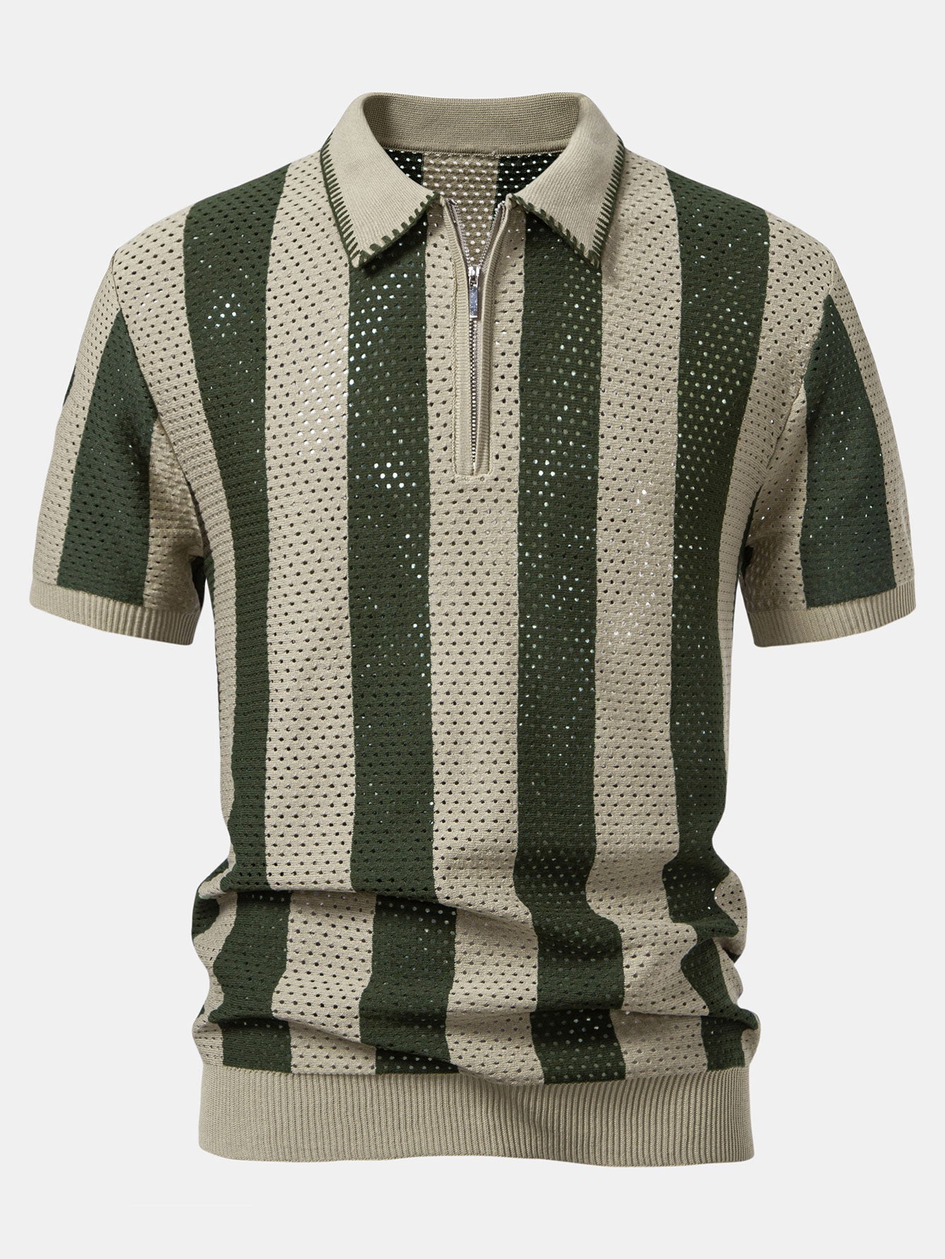 Striped Eyelet Knit Zip Up Polo Shirt & Straight Leg Linen Pants