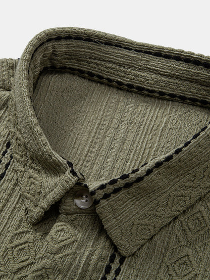 Geometric Striped Jacquard Button Up Shirt & Straight Leg Linen Pants