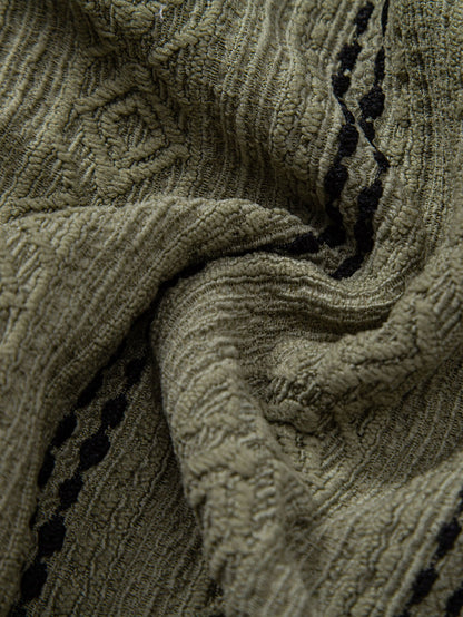 Geometric Striped Jacquard Button Up Shirt & Crinkle Textured Straight Leg Pants