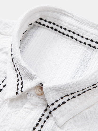 Geometric Striped Jacquard Button Up Shirt & Straight Leg Linen Pants