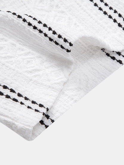 Geometric Striped Jacquard Button Up Shirt & Straight Leg Linen Pants