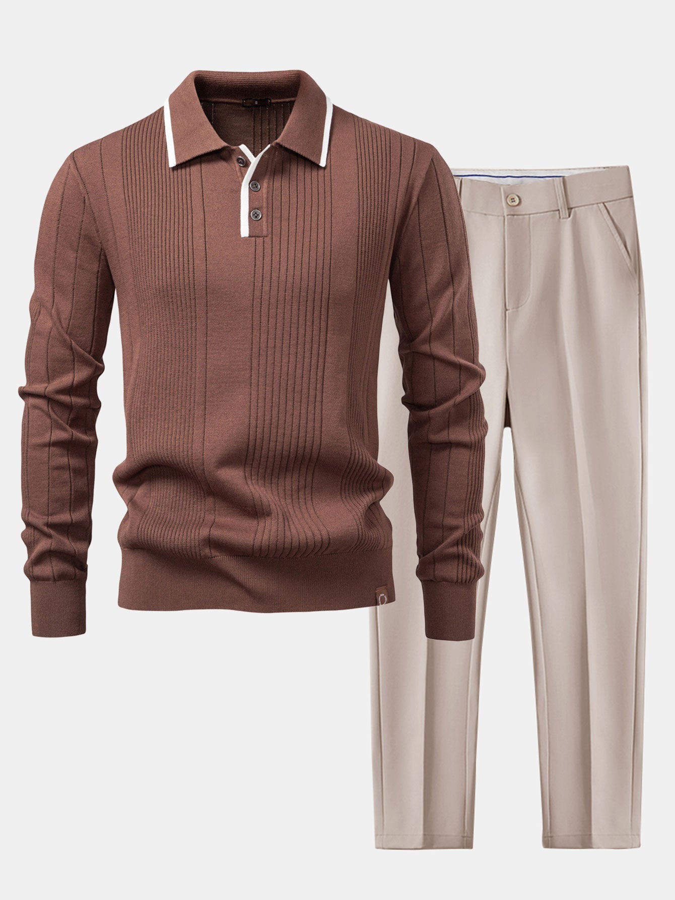 Camisa Polo Jacquard Listrada de Malha com Mangas Longas & Calças Ajustadas de Corte Afunilado