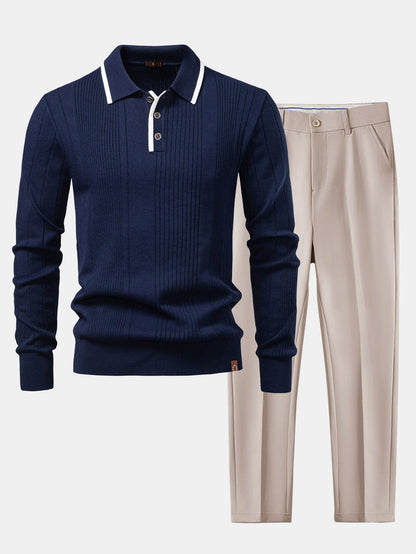 Camisa Polo Jacquard Listrada de Malha com Mangas Longas & Calças Ajustadas de Corte Afunilado