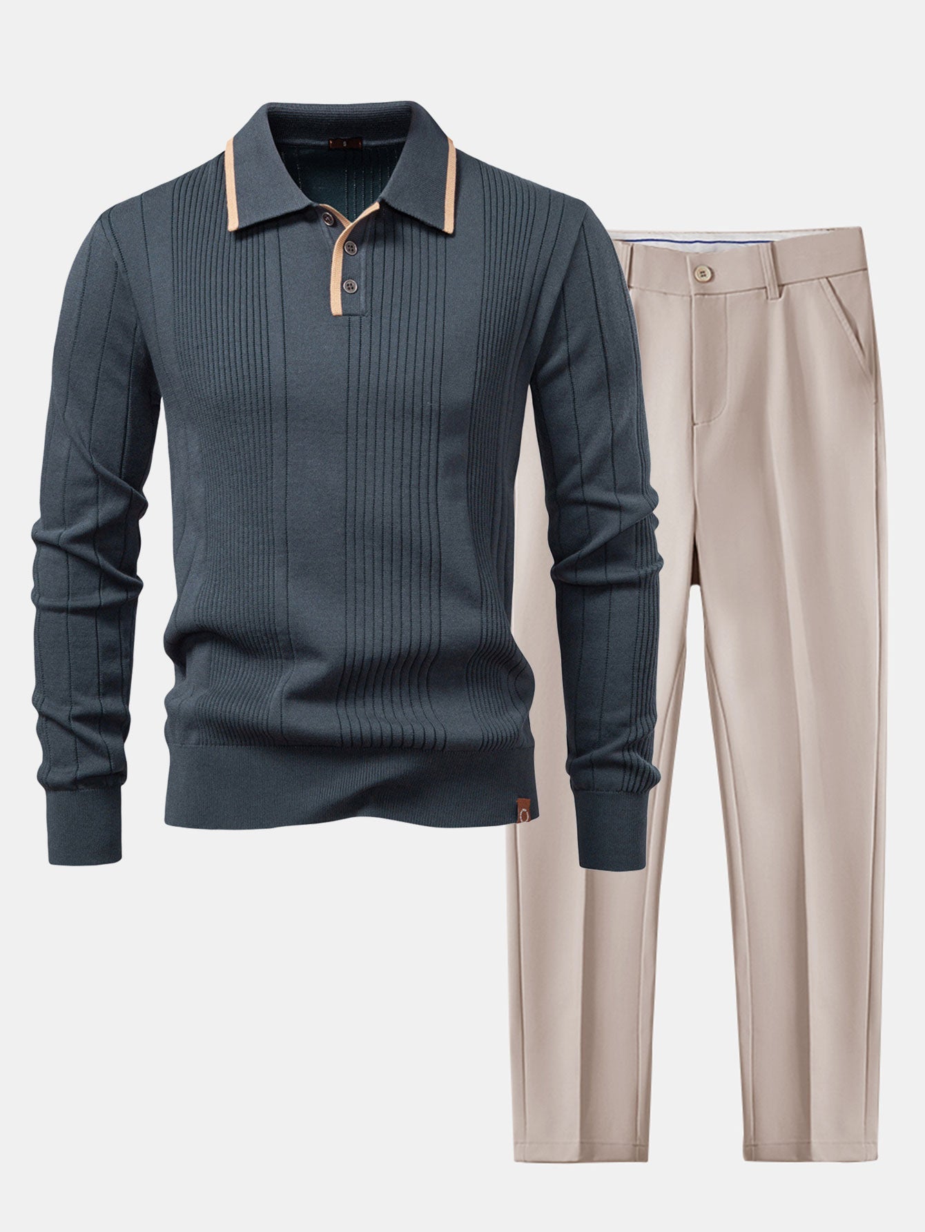 Camisa Polo Jacquard Listrada de Malha com Mangas Longas & Calças Ajustadas de Corte Afunilado