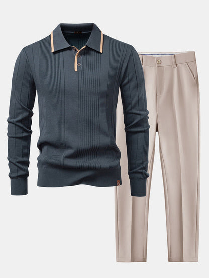 Camisa Polo Jacquard Listrada de Malha com Mangas Longas & Calças Ajustadas de Corte Afunilado