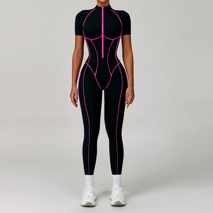Gym Set Women Training Yoga Suit Sportswear Women Short Sleeves Sports Jumpsuit Fitness Rompers Zipper Push Up Workout Bodysuits