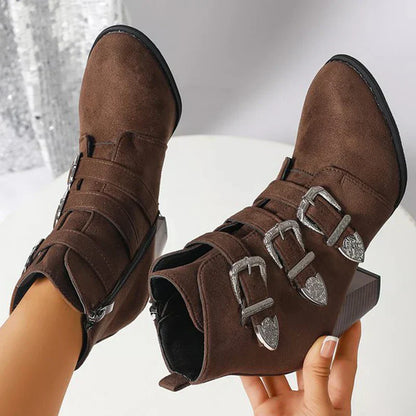 Camille Triple-Buckle Block-Heel Ankle Boots