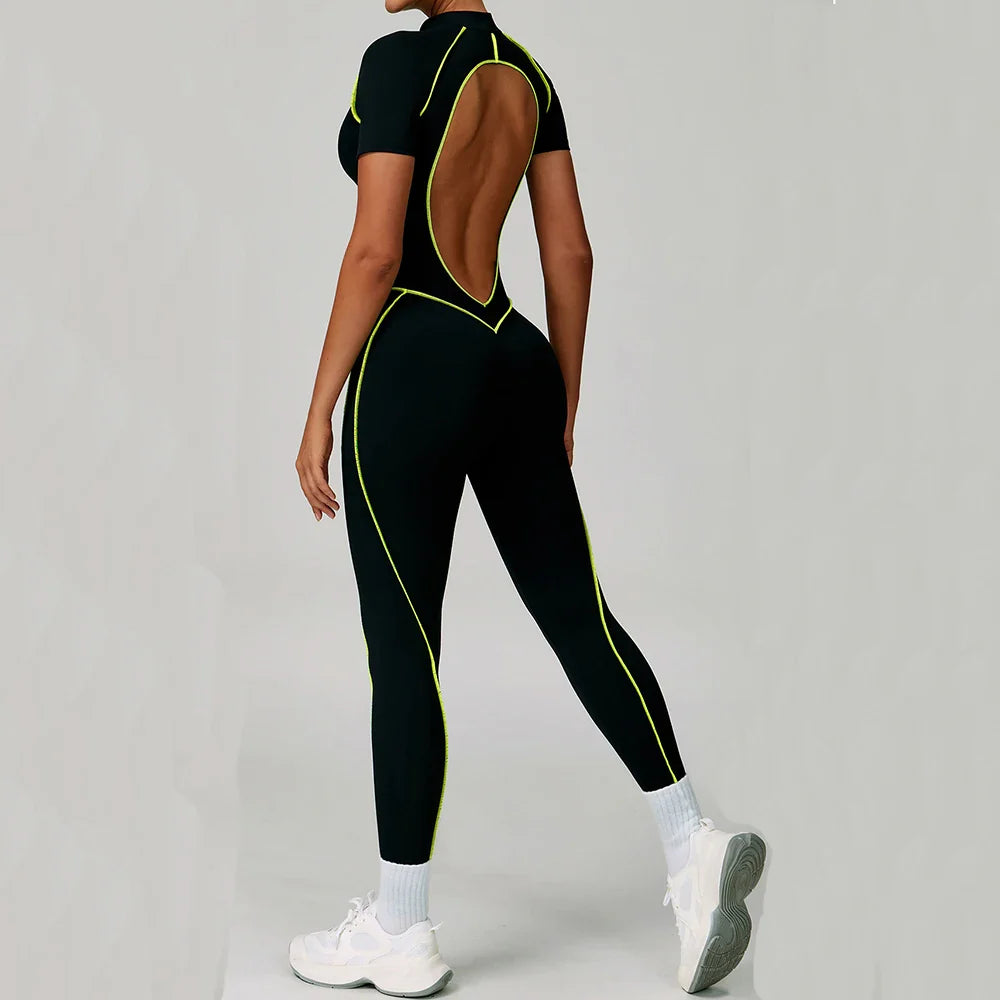 Gym Set Women Training Yoga Suit Sportswear Women Short Sleeves Sports Jumpsuit Fitness Rompers Zipper Push Up Workout Bodysuits