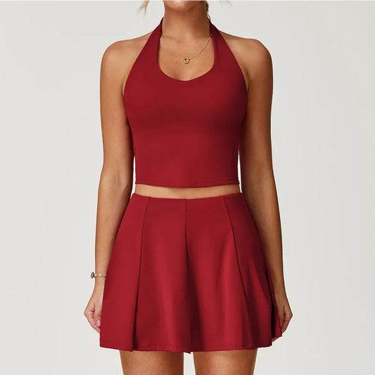 Fitness Tracksuit Yoga Set Women Outfit Gym Clothes Halter Sports Bra Matching Impact Short Skirt 2PCS Workout Sets Sportswear