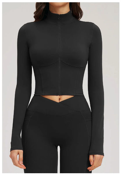 Yoga Long Sleeve Zipper Jacket Women Crop Tops T-shirts Solid Sports Top Running Shirts Sexy Quick Dry Fitness Gym Sport Wear