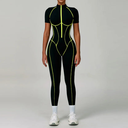 Gym Set Women Training Yoga Suit Sportswear Women Short Sleeves Sports Jumpsuit Fitness Rompers Zipper Push Up Workout Bodysuits