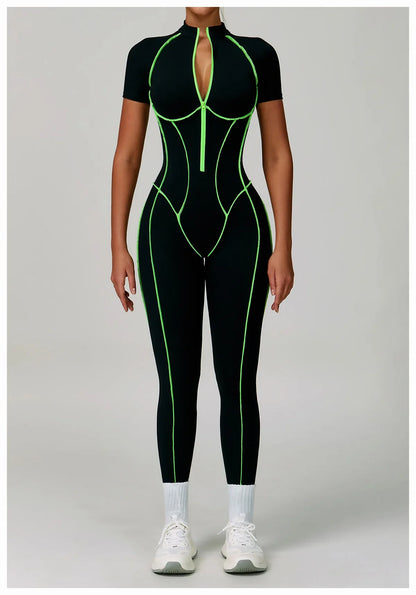 Gym Set Women Training Yoga Suit Sportswear Women Short Sleeves Sports Jumpsuit Fitness Rompers Zipper Push Up Workout Bodysuits