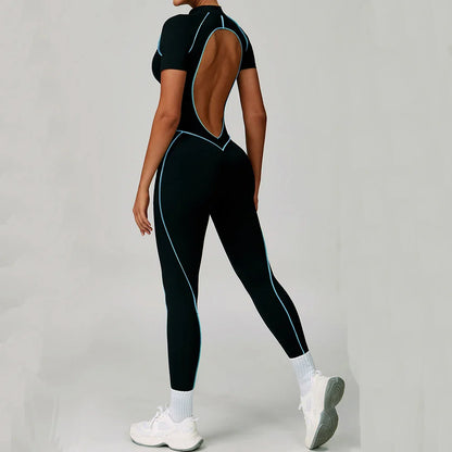 Gym Set Women Training Yoga Suit Sportswear Women Short Sleeves Sports Jumpsuit Fitness Rompers Zipper Push Up Workout Bodysuits