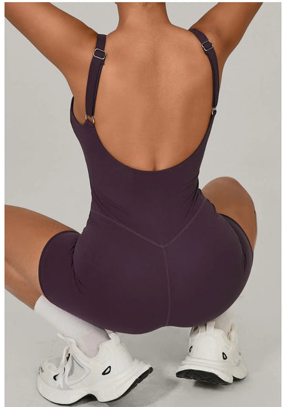 Women's Tracksuit Backless Workout Rompers Top Bodycon One Piece Halter Sleeveless Bodysuit Short Jumpsuits Push Up Sportswear