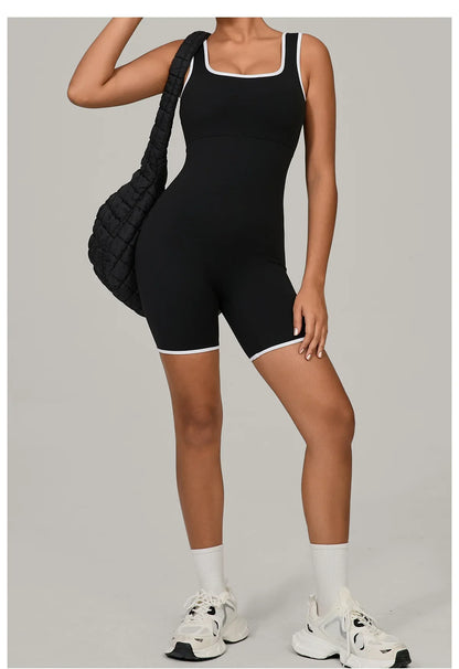 Women Color Blocked Yoga Jumpsuit Sleeveless Romper Elastic Quick Drying Fitness Workout Sportswear One-Piece Short Yoga Clothes