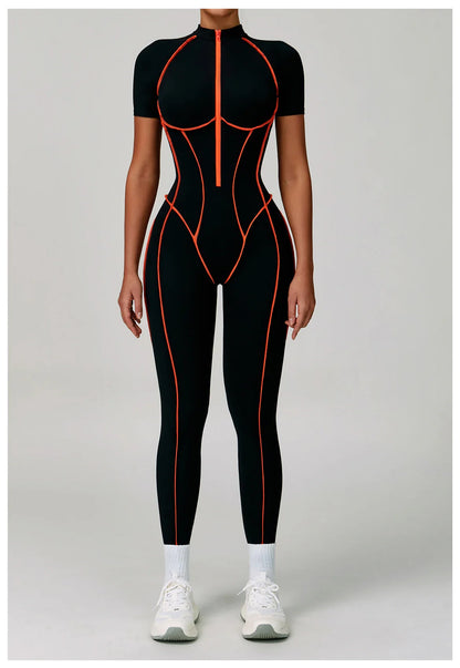 Gym Set Women Training Yoga Suit Sportswear Women Short Sleeves Sports Jumpsuit Fitness Rompers Zipper Push Up Workout Bodysuits
