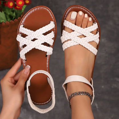 Callie Leather Flat Sandals – Women's Roman Strap Slip-On with Non-Slip Rubber Sole
