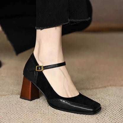 Clara Leather Heeled Shoes – Women’s Thick Heel Office Pumps