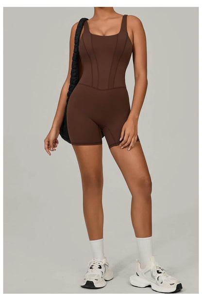 Women's Tracksuit Backless Workout Rompers Top Bodycon One Piece Halter Sleeveless Bodysuit Short Jumpsuits Push Up Sportswear