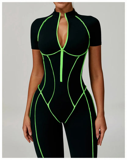 Gym Set Women Training Yoga Suit Sportswear Women Short Sleeves Sports Jumpsuit Fitness Rompers Zipper Push Up Workout Bodysuits