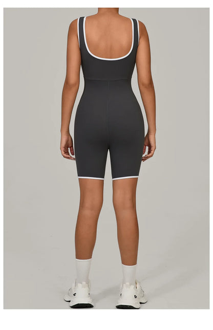 Women Color Blocked Yoga Jumpsuit Sleeveless Romper Elastic Quick Drying Fitness Workout Sportswear One-Piece Short Yoga Clothes