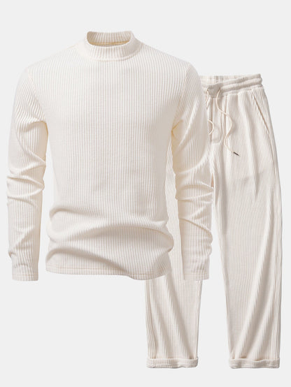 Long Sleeve Waffle Mock Neck T-Shirt & Drawstring Knitted Waffle Pants