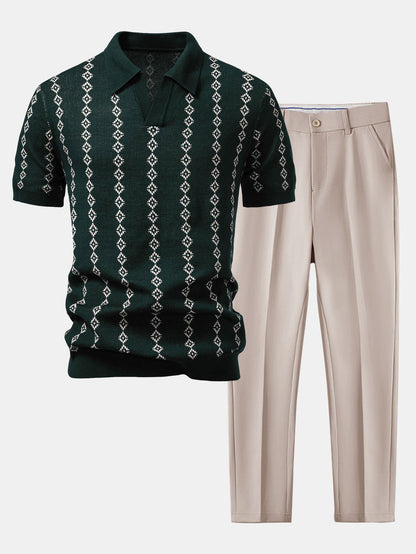 Camisa Polo de Tricô Geométrico com Decote em V e Calças Slim Fit Afuniladas