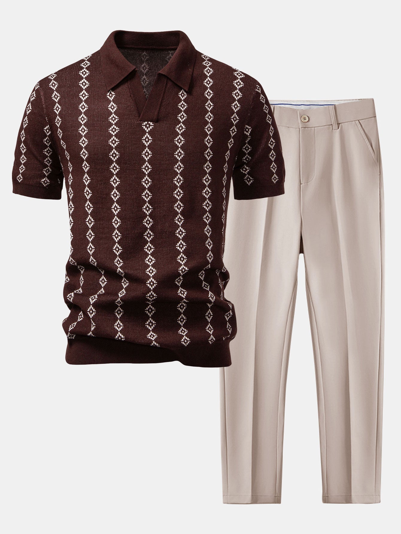 Camisa Polo de Tricô Geométrico com Decote em V e Calças Slim Fit Afuniladas