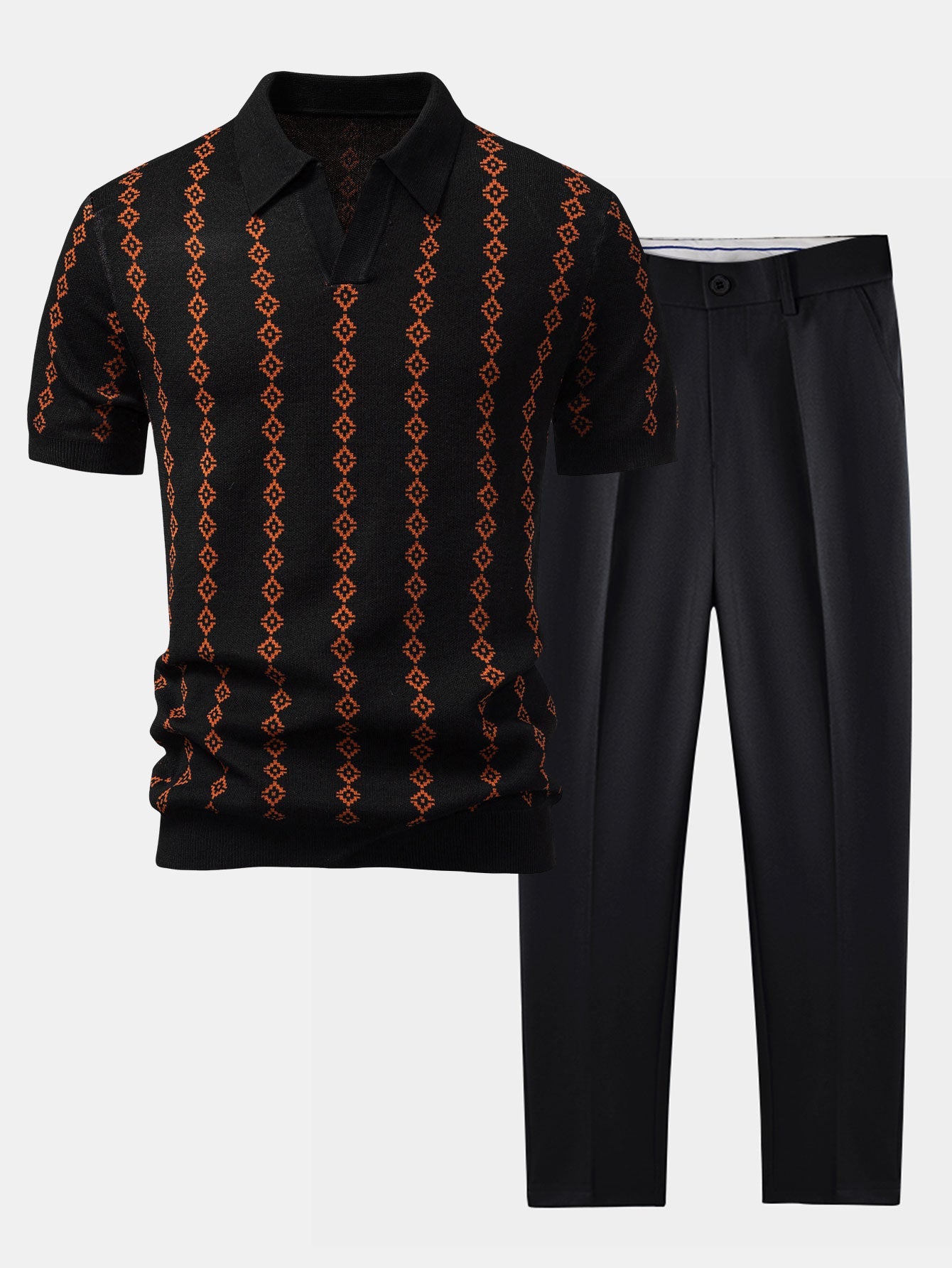Camisa Polo de Tricô Geométrico com Decote em V e Calças Slim Fit Afuniladas