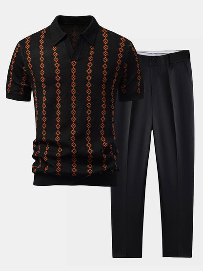 Camisa Polo de Tricô Geométrico com Decote em V e Calças Slim Fit Afuniladas