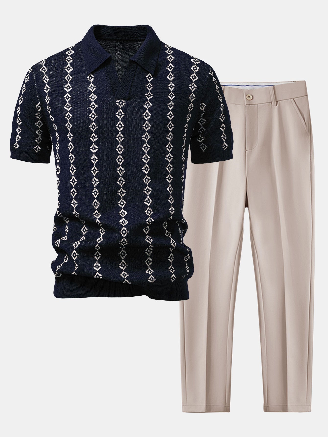 Camisa Polo de Tricô Geométrico com Decote em V e Calças Slim Fit Afuniladas