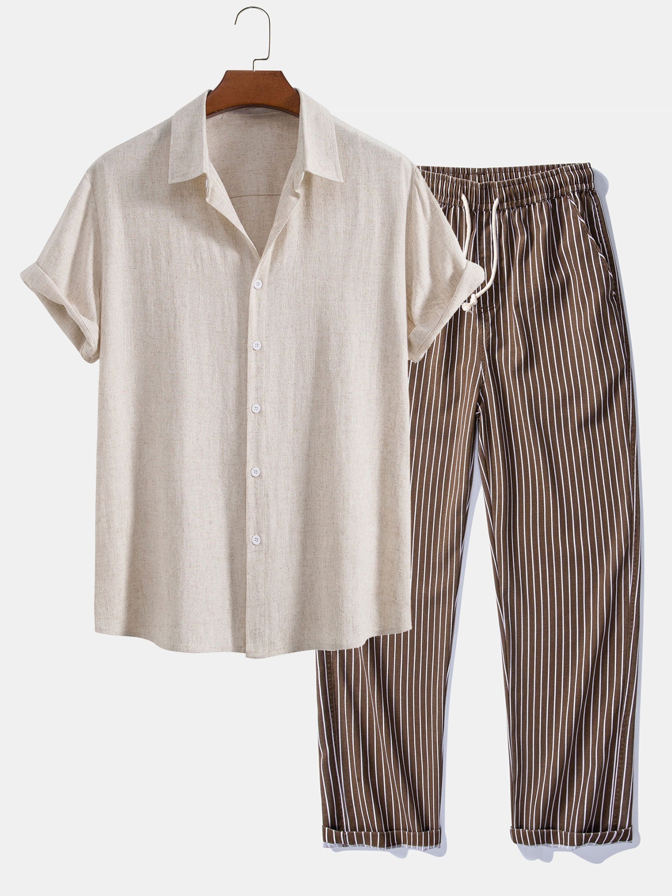 Linen Rayon Blend Button Up Shirt & Stripe Straight Leg Linen Pants